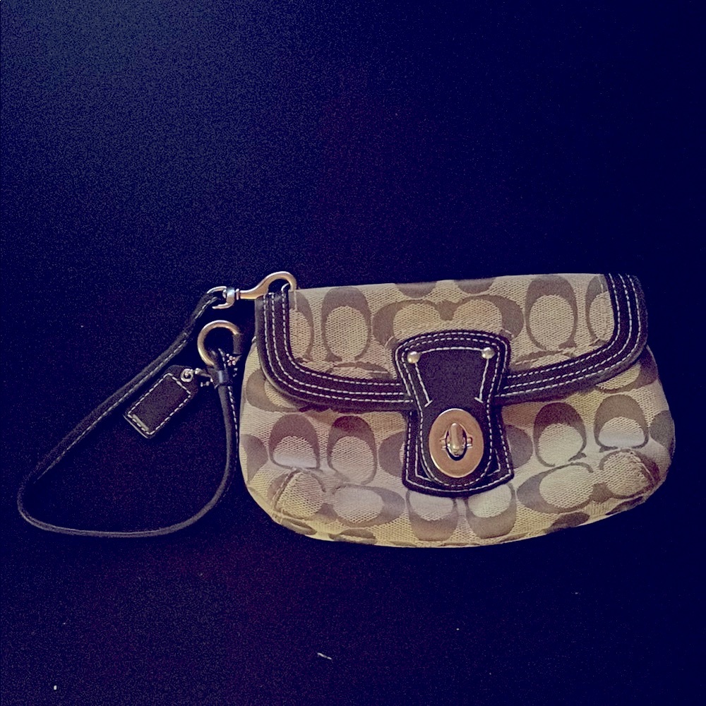 Coach Brown and Tan Monogram Clutch Wristlet